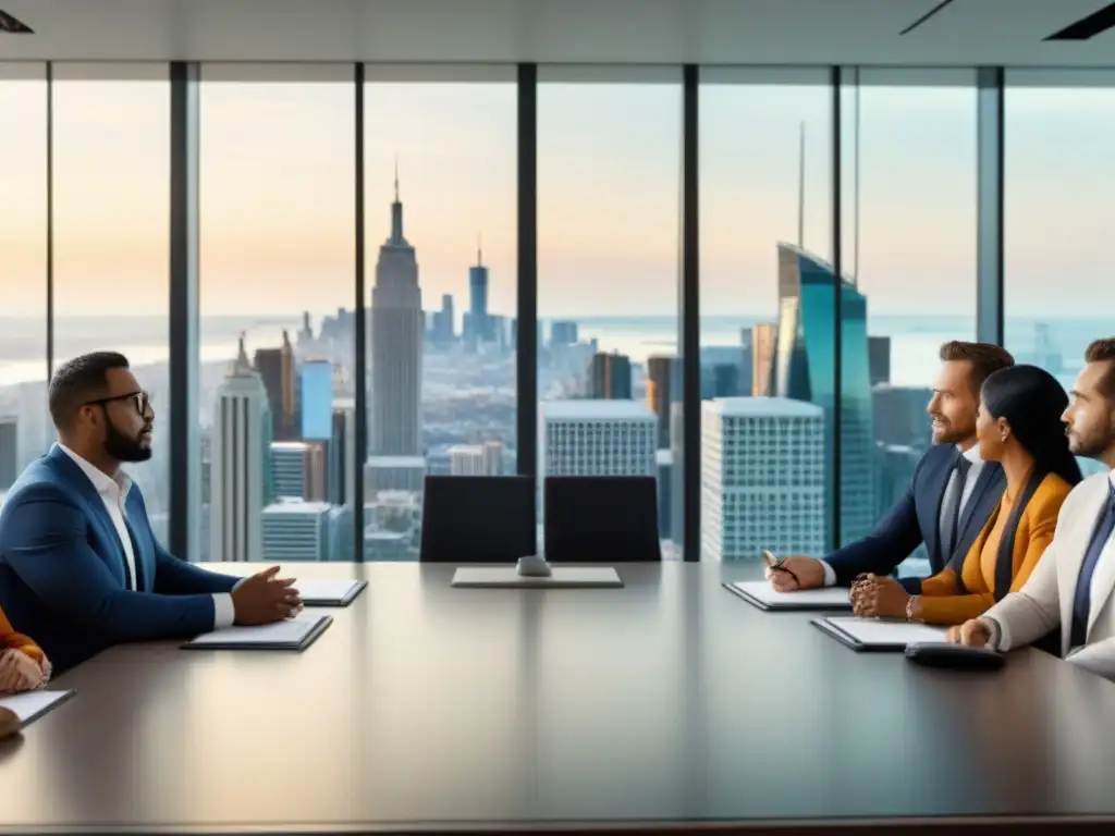 Profesionales diversificados discuten políticas de vivienda e inversión inmobiliaria en moderna oficina urbana