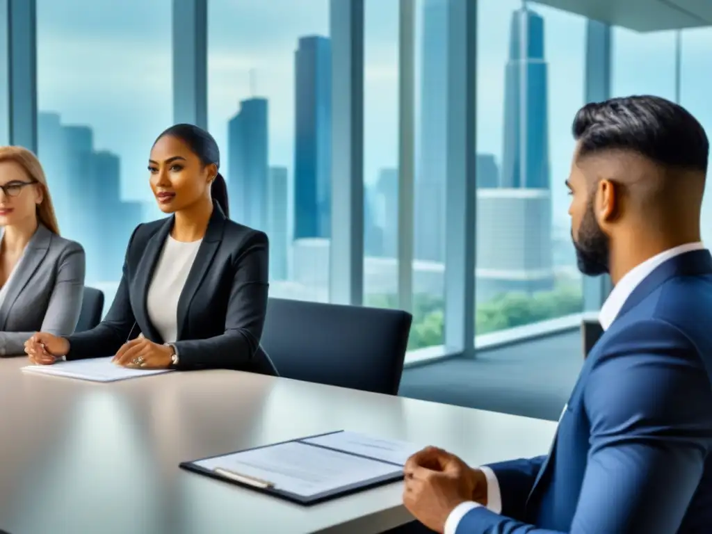 Profesionales diversificados discuten sobre préstamos hipotecarios en oficina moderna