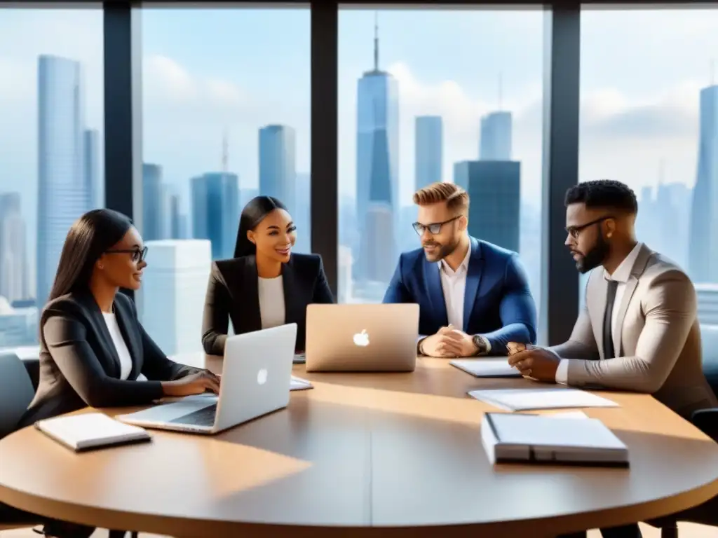 Equipo diverso creando contenido de marketing de afiliación de alta calidad Profesionales diversificados colaborando en programas afiliados seguros propiedad en una oficina moderna y dinámica
