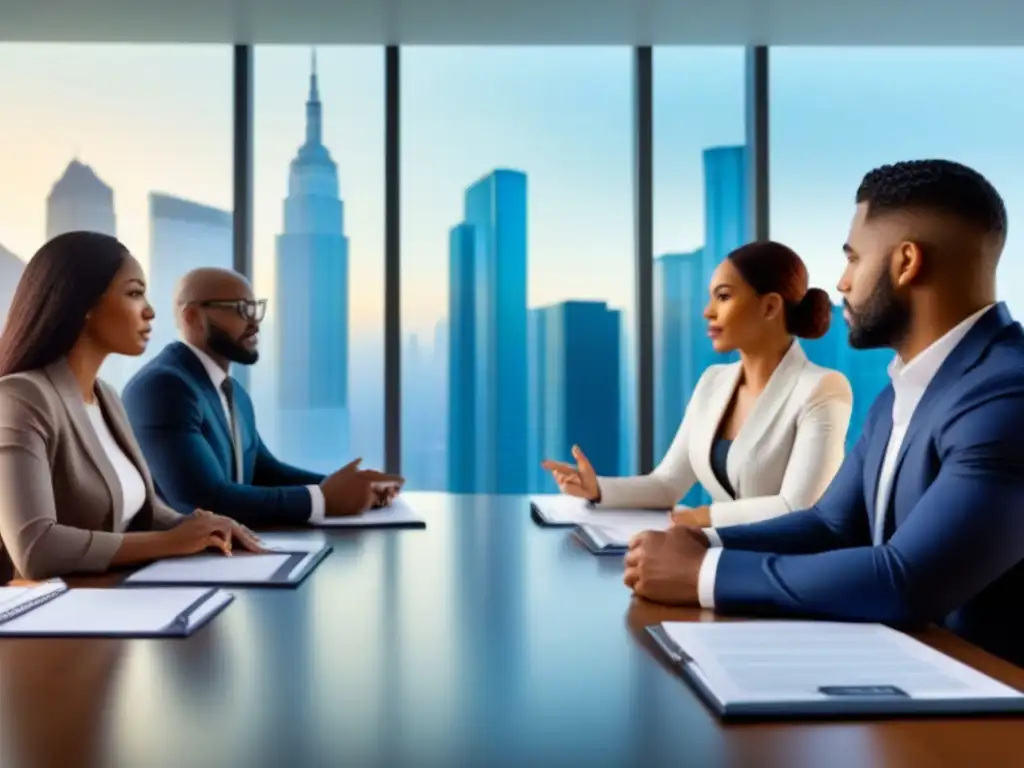 Equipo diverso y eficiente en refinanciamiento de préstamos VA Profesionales diversificados discuten refinanciar propiedad préstamo VA en sala de reuniones con vista a la ciudad