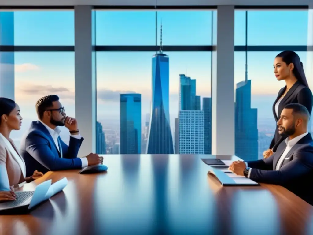 Reunión de negocios moderna: diversidad y tecnología en el sector inmobiliario Profesionales diversificados discuten propiedades inmobiliarias y seguros para proteger cartera en moderna sala de juntas