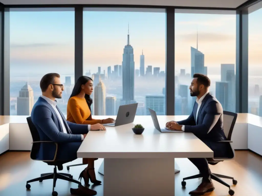 Profesionales colaborando en oficina moderna con vista a la ciudad Profesionales diversificados discuten razones rechazo crédito inmobiliario en oficina moderna, con vista urbana