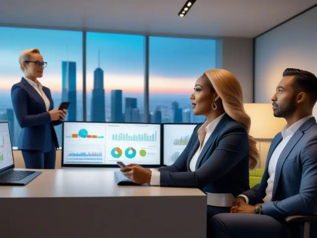 Profesionales debaten reformas hipotecarias en oficina moderna Profesionales diversificados discuten reforma hipotecaria e inversión inmobiliaria en oficina moderna