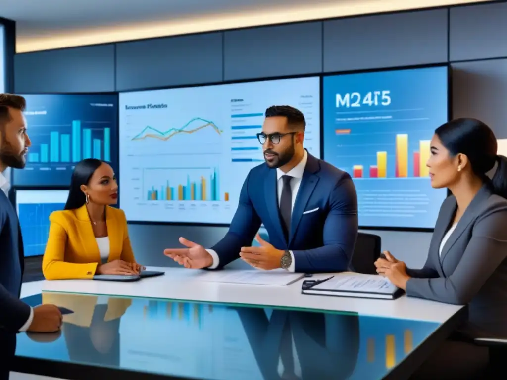 Profesionales debatiendo reglas inversión inmobiliaria en oficina moderna Profesionales diversificados discuten la regulación de inversiones inmobiliarias en una oficina moderna y elegante