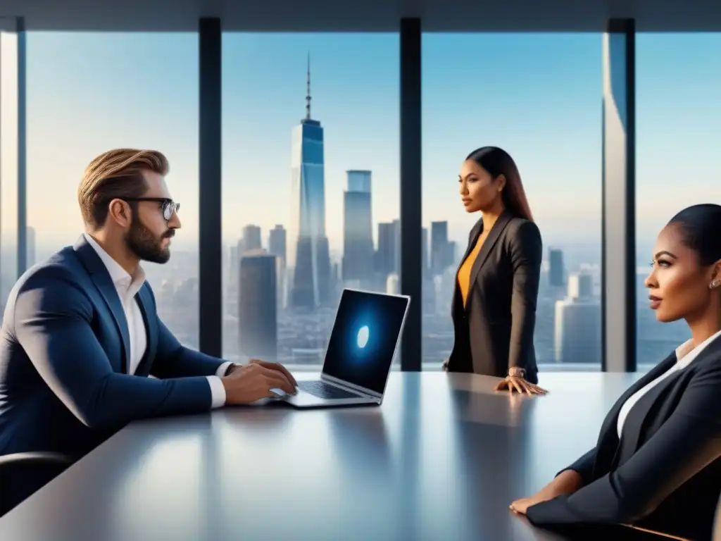 Reunión estratégica de profesionales en oficina moderna Profesionales diversificados en reunión estratégica sobre inversiones inmobiliarias internacionales en oficina moderna