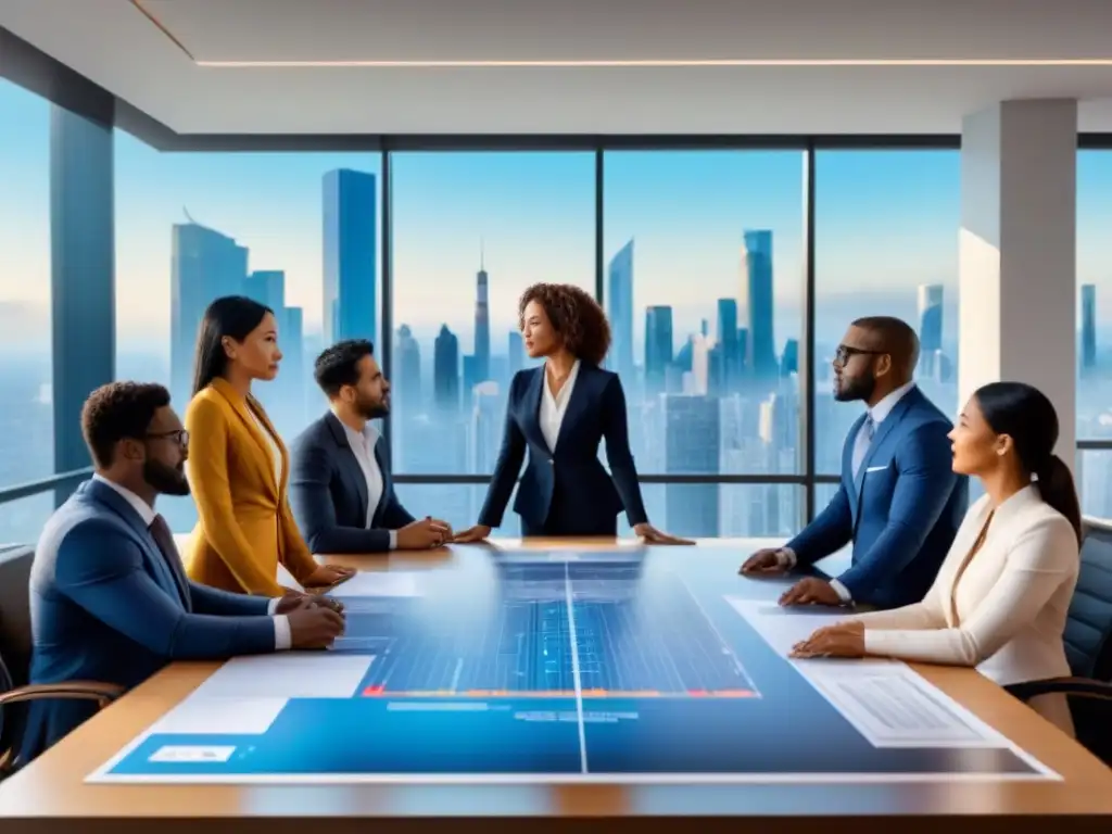 Profesionales innovadores debaten sobre finanzas inmobiliarias en la ciudad Profesionales diversificados en reunión sobre Financiamiento Inmobiliario en una oficina moderna con vista a la ciudad