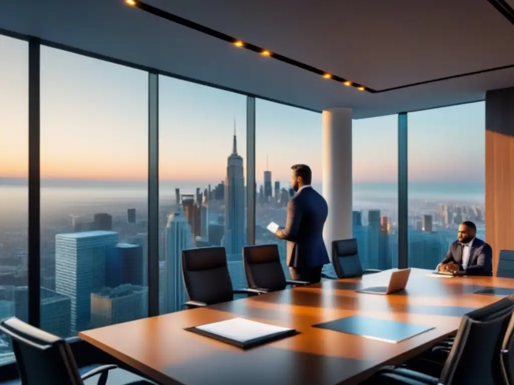 Oficina moderna de lujo: profesionales debaten estrategias financieras inmobiliarias Profesionales diversificados en reunión en lujosa oficina moderna discutiendo estrategias de financiamiento inmobiliario