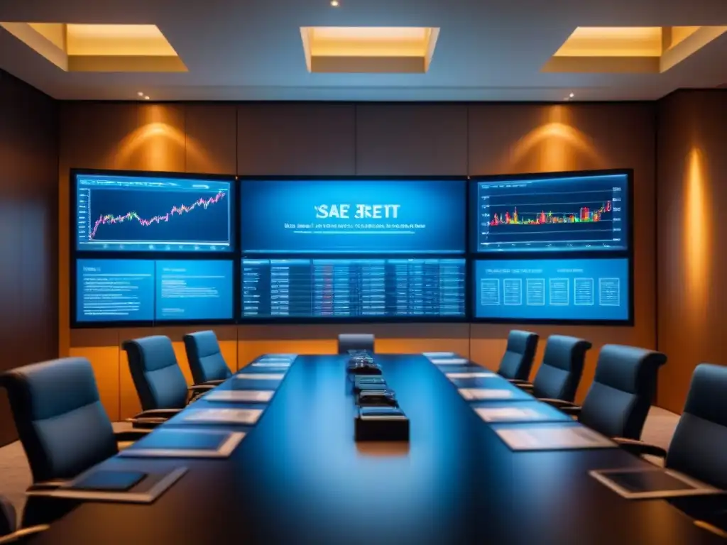 Profesionales analizan REITs en sala de juntas moderna Profesionales diversificados en sala de juntas, analizando datos financieros de REITs comerciales en pantallas digitales
