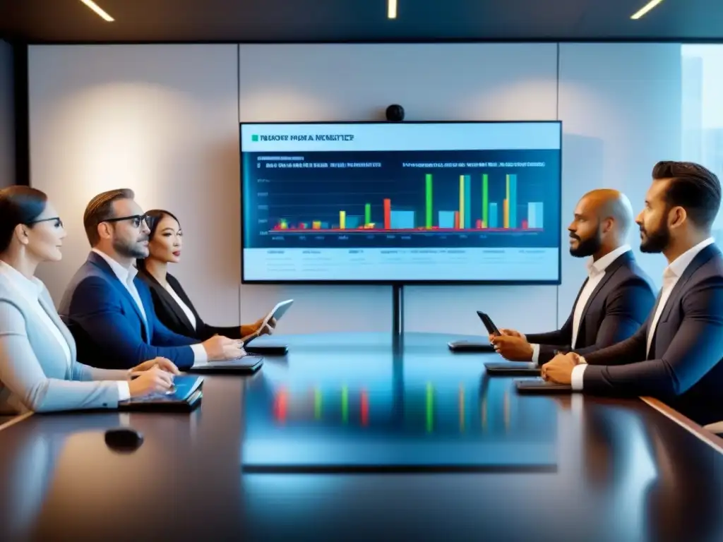 Profesionales debatiendo estrategias de inversión inmobiliaria global en una sala de juntas moderna y elegante Profesionales diversificados en una sala de juntas moderna discutiendo estrategias de inversión en bienes raíces internacionales