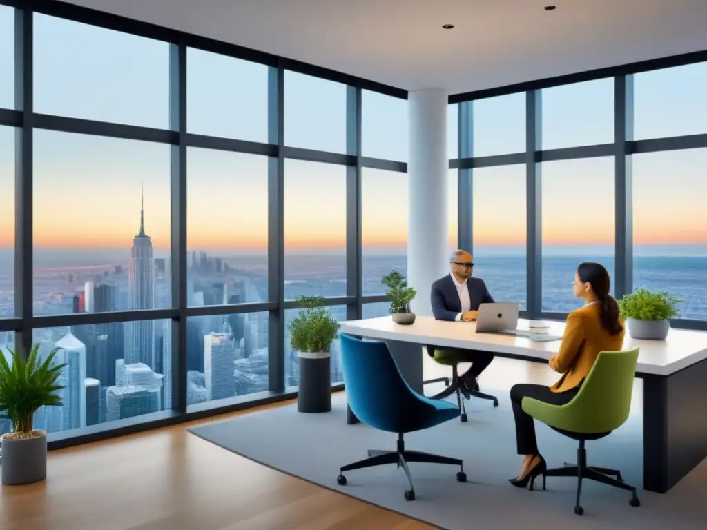 Profesionales discuten seguridad en bienes raíces en oficina moderna Profesionales diversificados discutiendo seguridad financiamiento inmobiliario en oficina moderna y luminosa