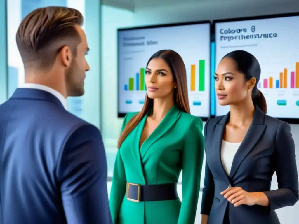 Profesionales discuten seguros de propiedad en oficina moderna Profesionales diversificados comparando seguros propiedad inversores en oficina contemporánea y luminosa