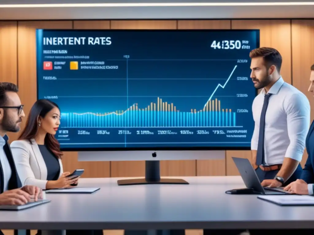 Profesionales debaten tasas de interés - Oficina moderna Profesionales diversificados discuten tasas de interés éticas en oficina moderna con gráficos