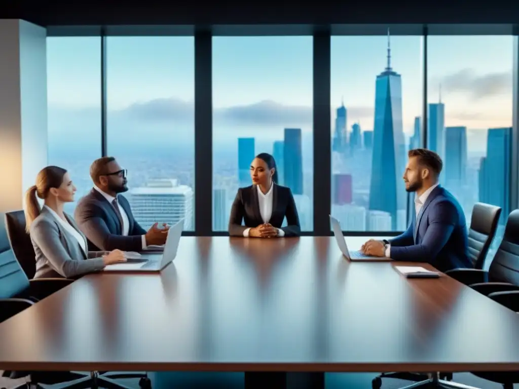 Profesionales innovadores en sala de juntas moderna – Seguro de propiedades Profesionales diversificados en traje de negocios, brainstorming en moderna oficina con tecnología avanzada y gráficos de seguros propiedad