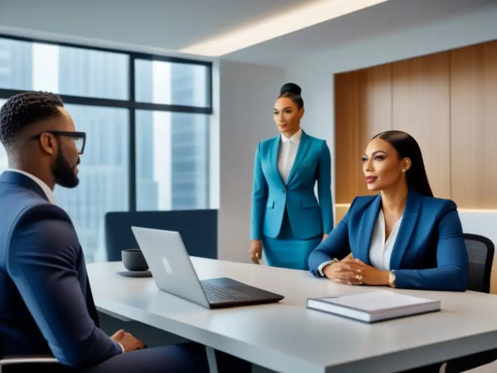 Profesionales discutiendo proveedores de hipotecas en oficina moderna Profesionales diversificados discuten ventajas de hipotecas privadas flexibles en un moderno y elegante espacio de oficina