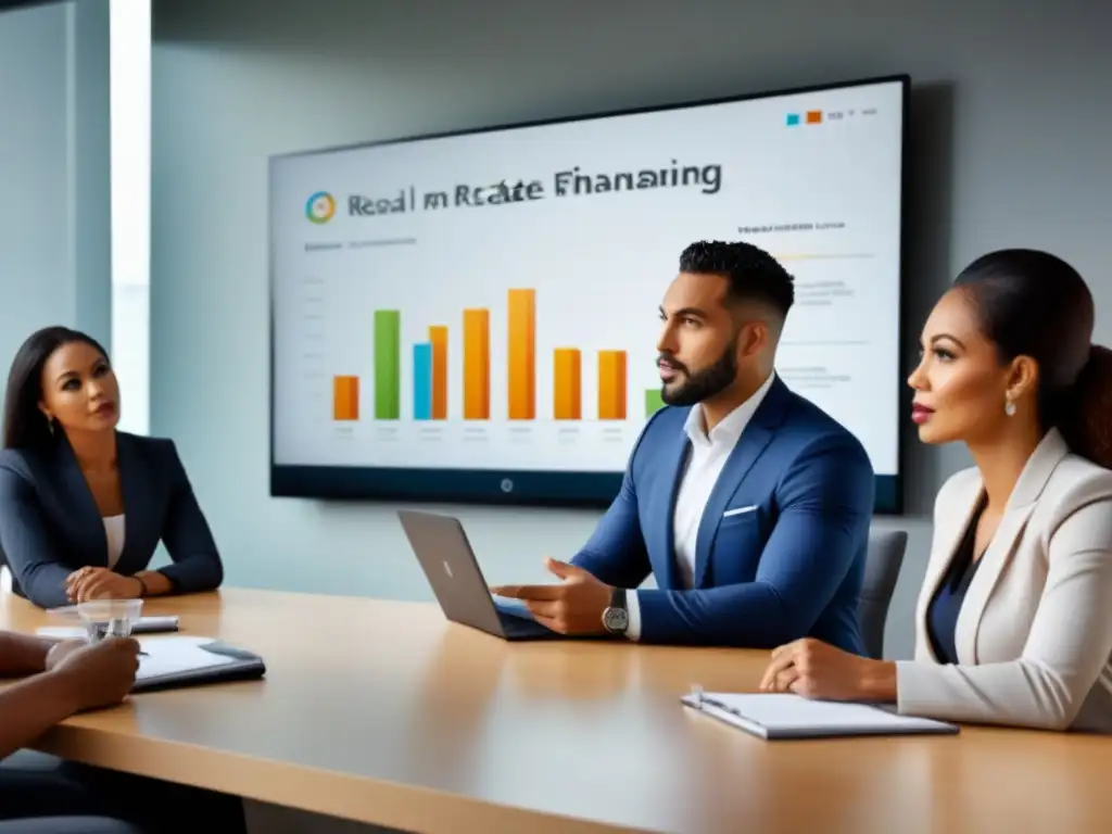Profesionales diversificados discuten opciones de financiamiento inmobiliario en una sala de juntas moderna y luminosa Profesionales diversos en elegante sala de juntas discutiendo opciones de financiamiento inmobiliario seguro