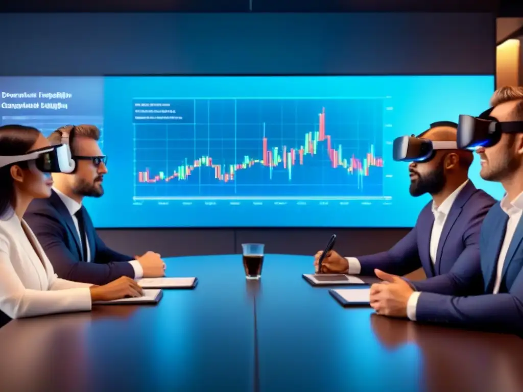 Reunión digital de profesionales con hologramas financieros Profesionales diversos en holograma discuten gráficos financieros en sala de juntas high-tech