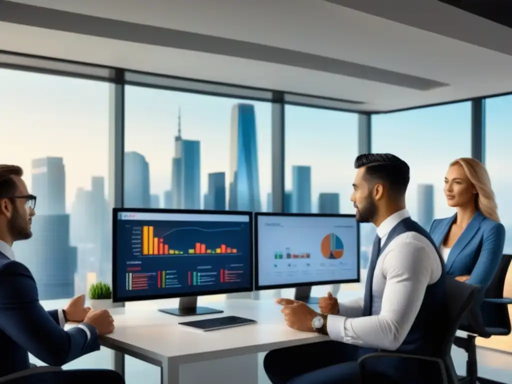 Consultores financieros de real estate colaborando en oficina moderna Profesionales diversos en moderna oficina, discuten estrategias financieras inmobiliarias