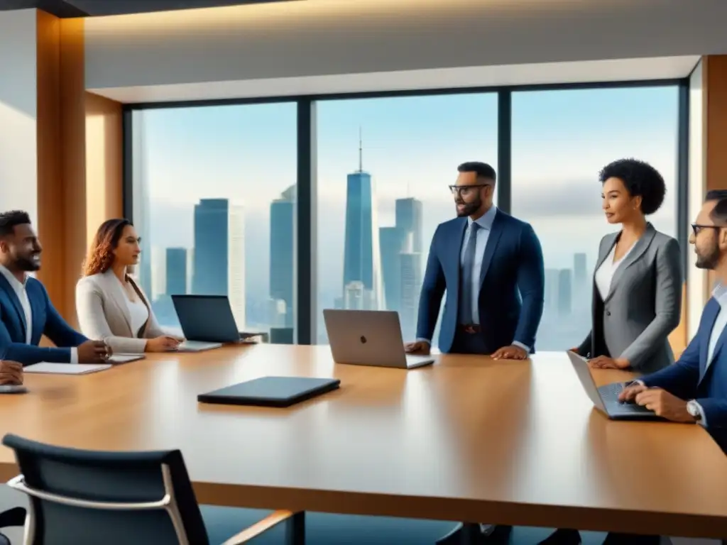 Profesionales diversos en oficina moderna, colaborando en empresas Fintech financiamiento inmobiliario