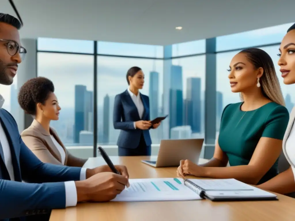 Profesionales diversificados debaten financiamiento inmobiliario en oficina moderna Profesionales diversos en oficina moderna discuten estrategias de financiamiento inmobiliario, evitando errores