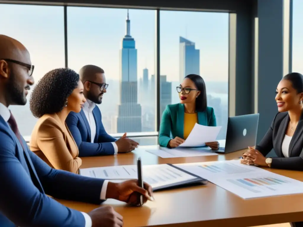Profesionales diversos debatiendo financiamiento inmobiliario Profesionales diversos en oficina moderna discuten financiamiento inmobiliario para minorías