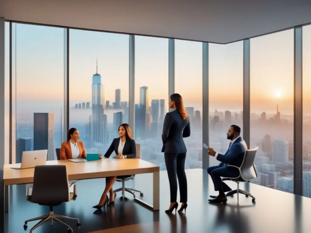 Innovación en finanzas inmobiliarias: reunión de profesionales en oficina moderna Profesionales diversos en una oficina moderna, discutiendo sobre financiamiento inmobiliario