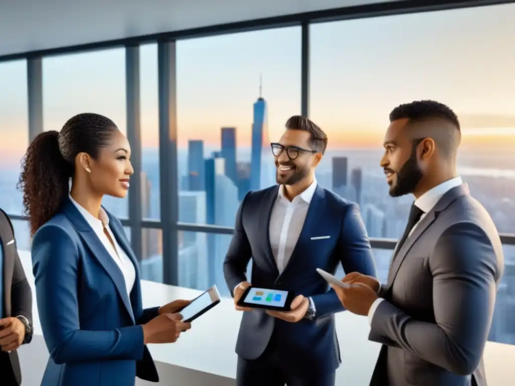 Profesionales diversificados colaboran en inversión inmobiliaria Profesionales diversos colaborando en oficina moderna con plataforma de crowdfunding inmobiliario