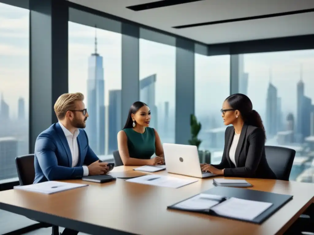 Profesionales colaboran en oficina moderna Profesionales diversos en una oficina moderna discuten protección de inversiones inmobiliarias mediante consultoría fiscal