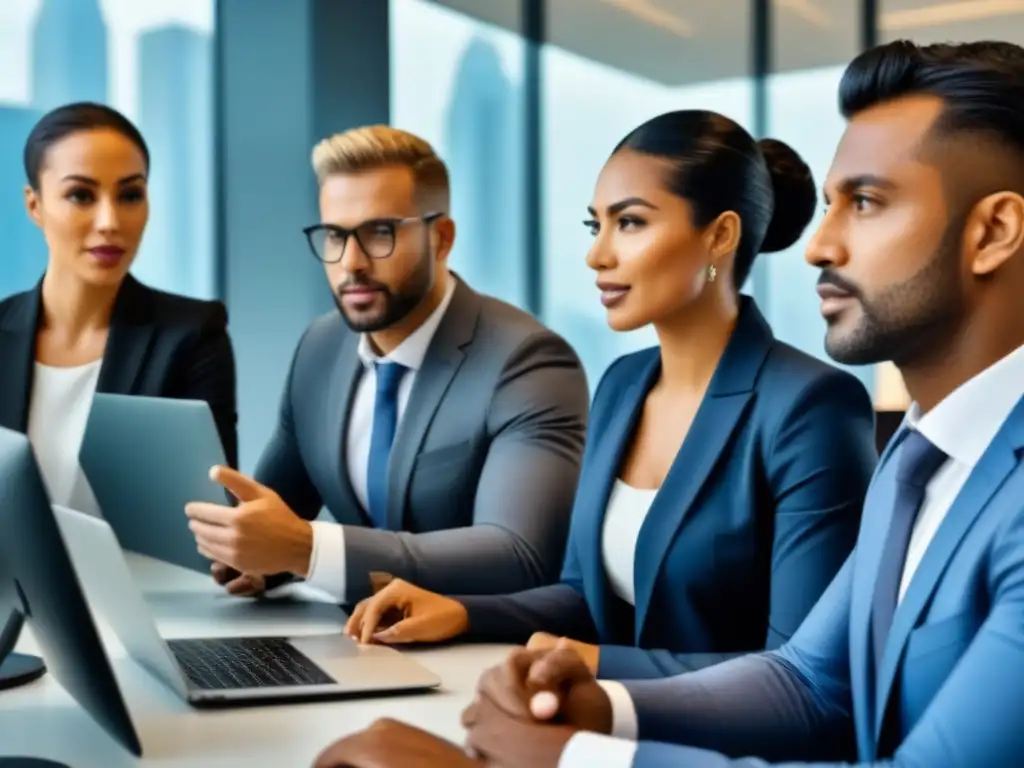 Profesionales diversificados planificando inversiones inmobiliarias Profesionales diversos en oficina moderna discuten consejos para inversiones inmobiliarias exitosas