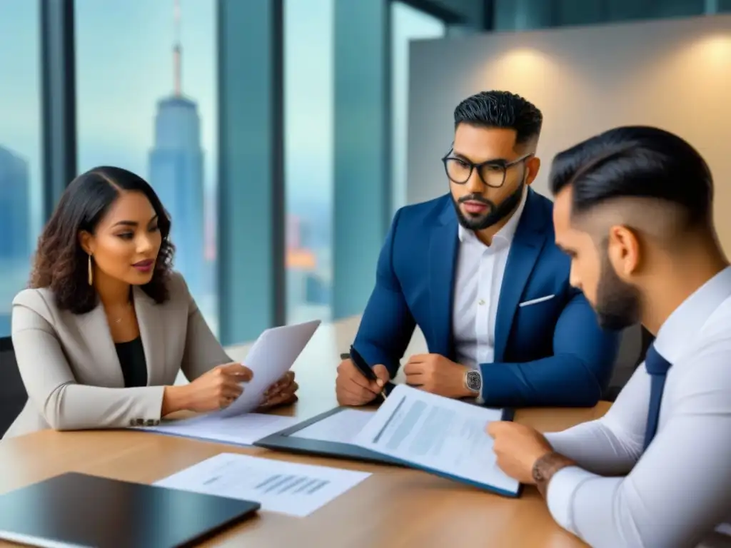 Empoderamiento diverso en financiamiento inmobiliario Profesionales diversos en reunión de finanzas inmobiliarias para minorías, en oficina moderna