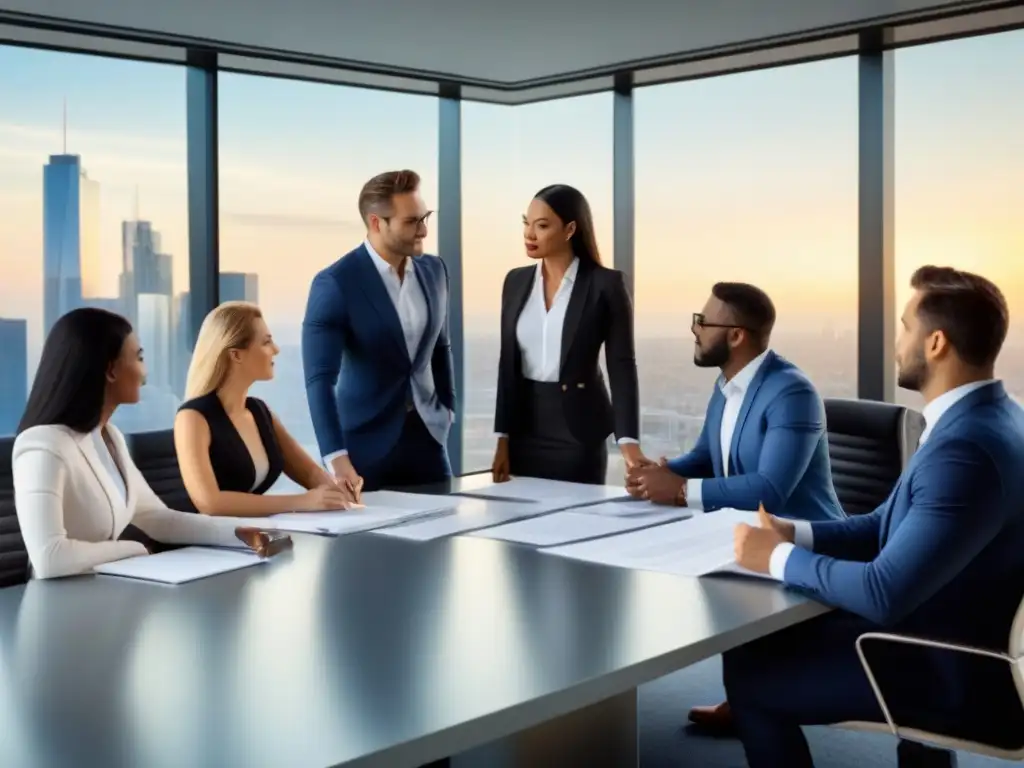 Profesionales diversificados en reunión de real estate syndication Profesionales diversos en una reunión de sindicación inmobiliaria aspectos legales en una oficina moderna con vista a la ciudad