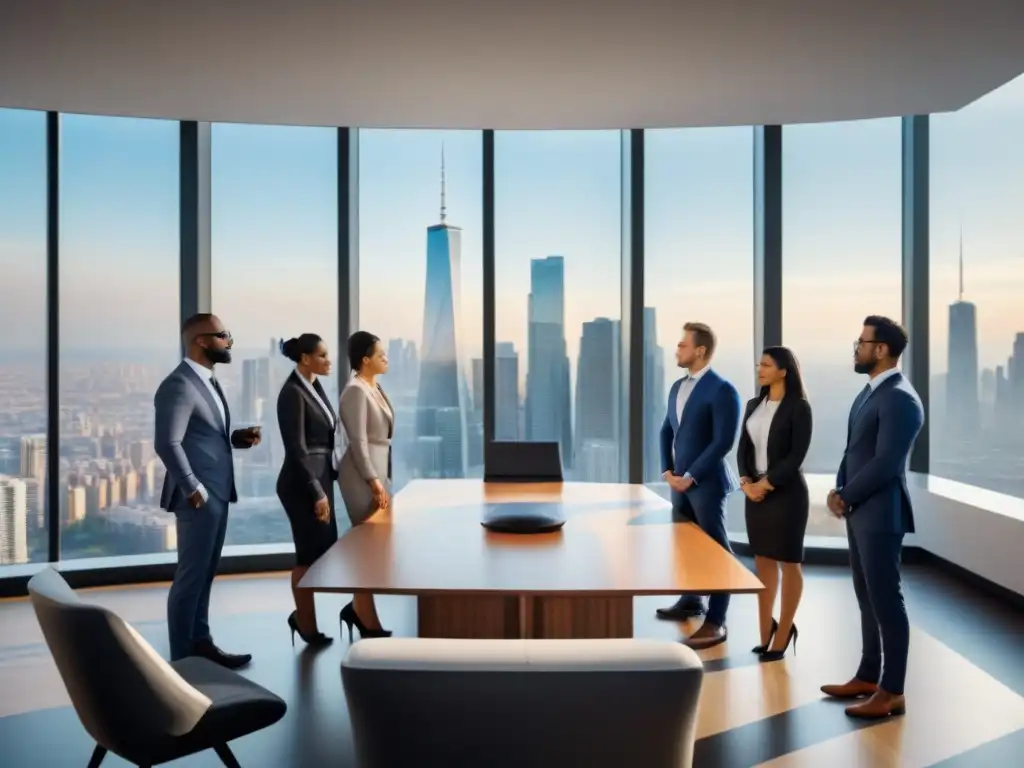 Innovación y diversidad: Profesionales en sesión de brainstorming Profesionales diversos en sesión de lluvia de ideas, con skyline detrás