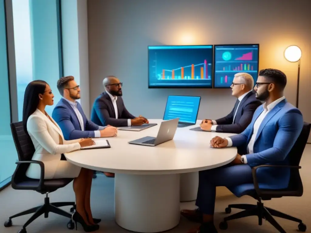 Reunión estratégica de profesionales financieros Profesionales diversos colaborando en sesión de lluvia de ideas sobre finanzas, con gráficos y laptops
