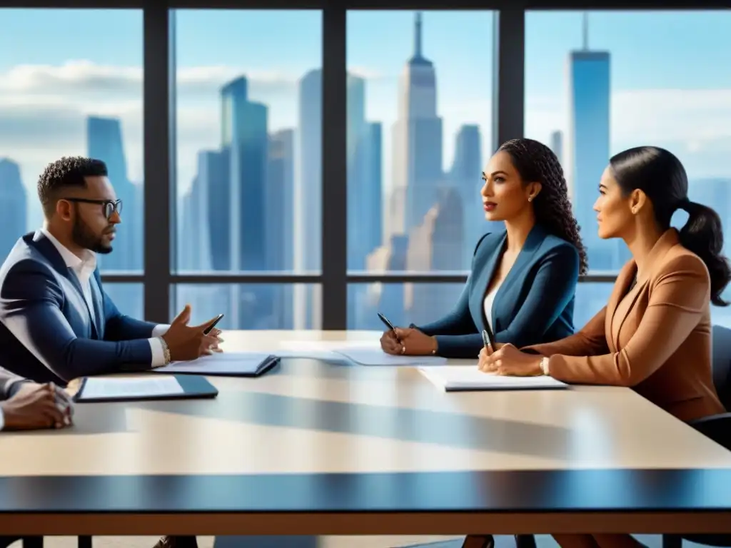 Reunión profesional diversa liderada por hispano Profesionales divers@s discuten cláusulas contrato préstamo inmobiliario en sala moderna con vista a la ciudad