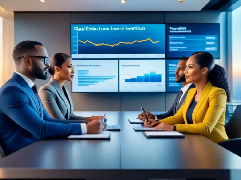 Profesionales diversificados discuten estrategias de inversión inmobiliaria Profesionales divers@s hablan sobre estrategias de inversión inmobiliaria, con pantallas mostrando datos de prevención fraudes préstamos inmobiliarios