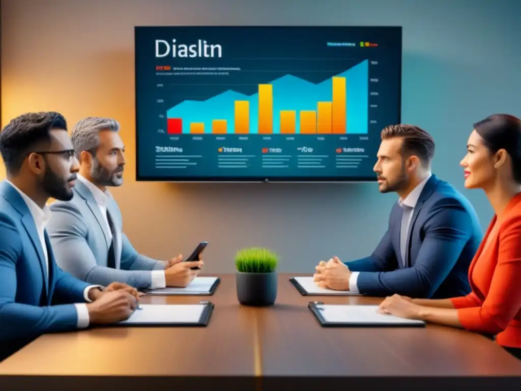 Profesionales diversificados debatiendo estrategias de refinanciamiento inmobiliario Profesionales divers@s discuten estrategias de refinanciamiento inmobiliario efectivas en una mesa de conferencias con gráficos digitales