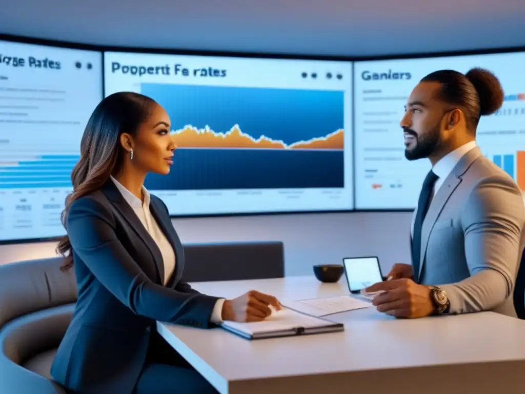 Profesionales debaten opciones de financiamiento inmobiliario en moderna oficina Profesionales divers@s discuten opciones de financiamiento inmobiliario en una moderna sala de juntas