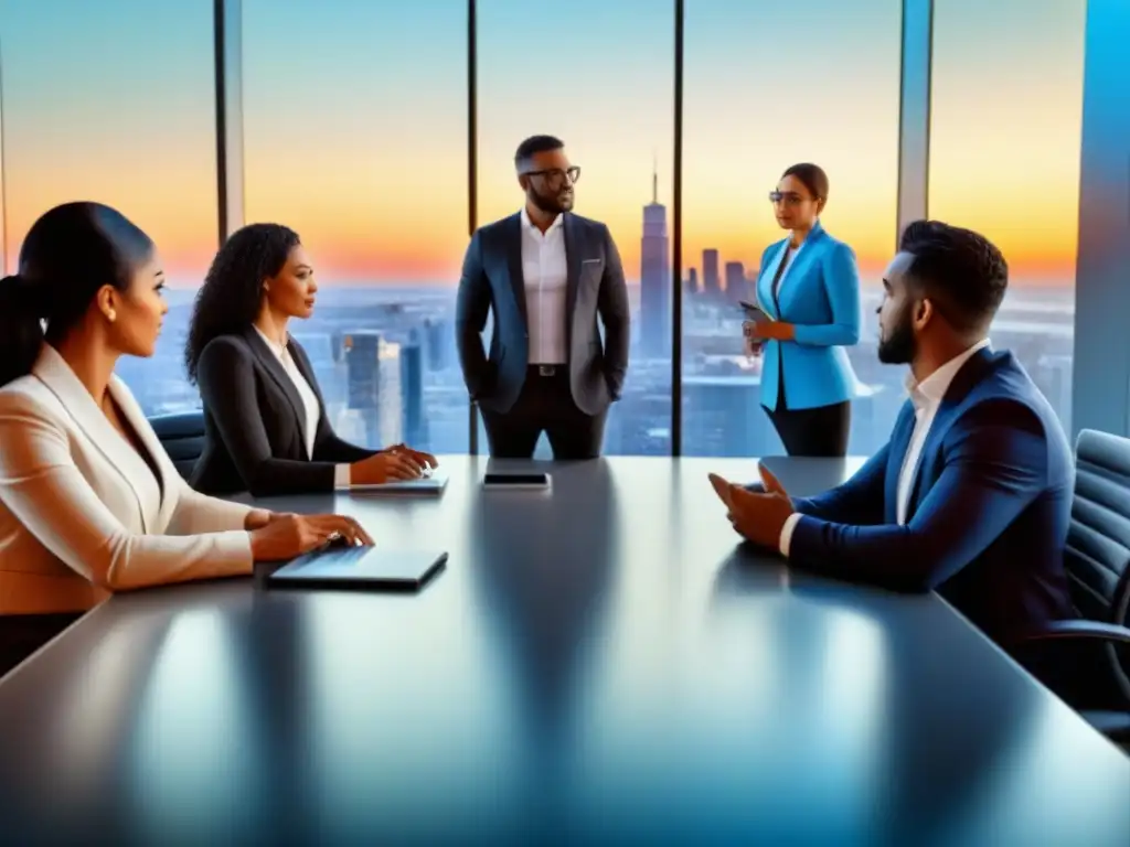 Profesionales diversificados en reunión de seguros Profesionales divers@s discuten sobre programas afiliados seguros propiedad 2023 en una oficina moderna al atardecer