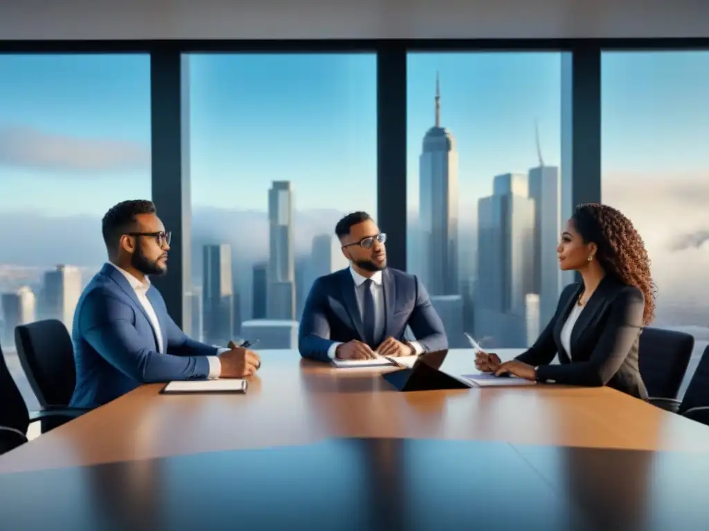Profesionales diversificados discuten créditos fiscales inmobiliarios en oficina moderna Profesionales diversxs debaten sobre créditos fiscales para maximizar ahorros en oficina moderna y luminosa