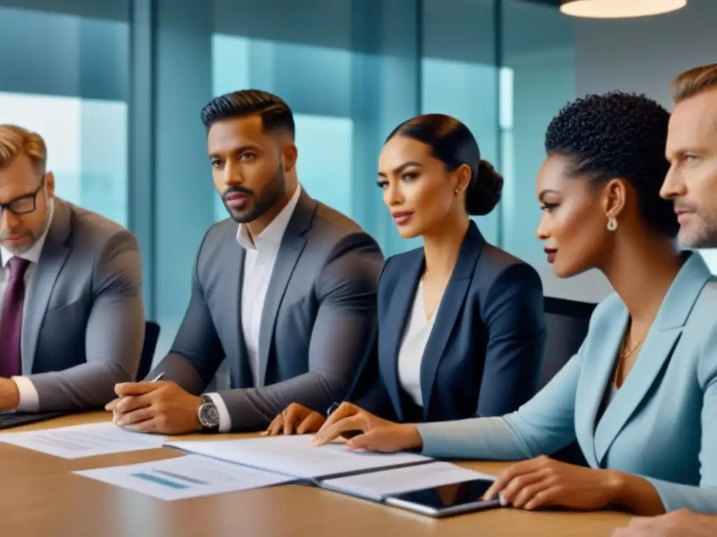 Profesionales éticos en oficina moderna: diversidad y colaboración Profesionales diversxs discuten documentos financieros en una oficina moderna, promoviendo la Ética empresarial en financiamiento inmobiliario