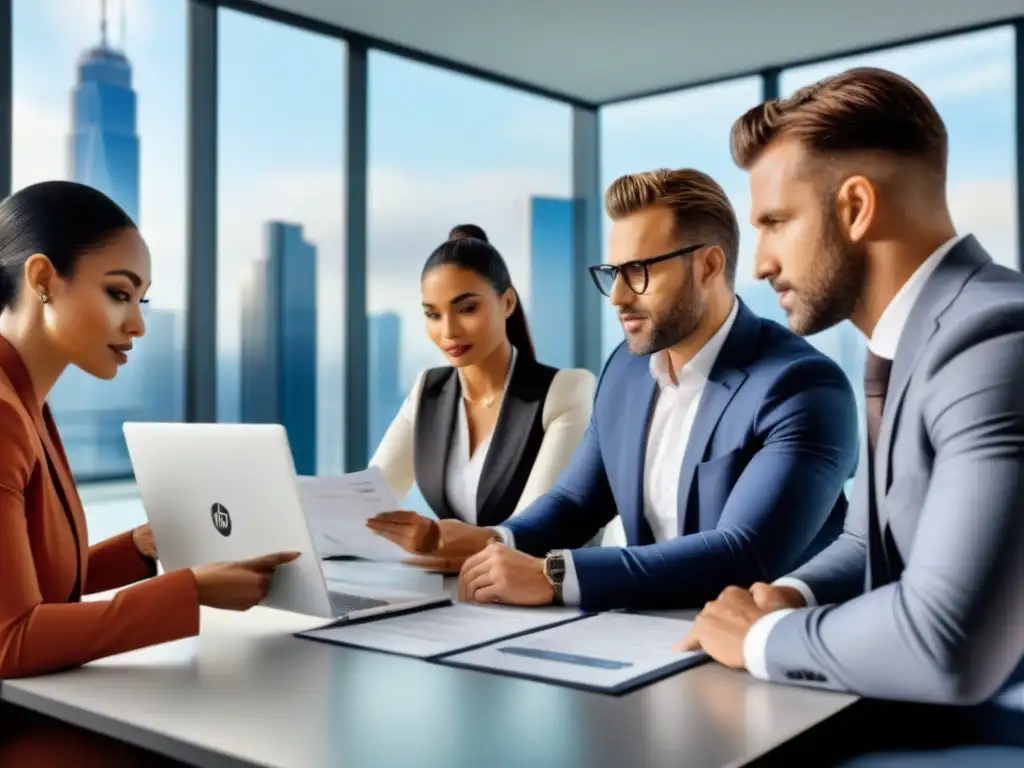 Profesionales inmobiliarios en reunión estratégica Profesionales revisando documentación créditos inmobiliarios aprobación en moderna oficina con vista a la ciudad