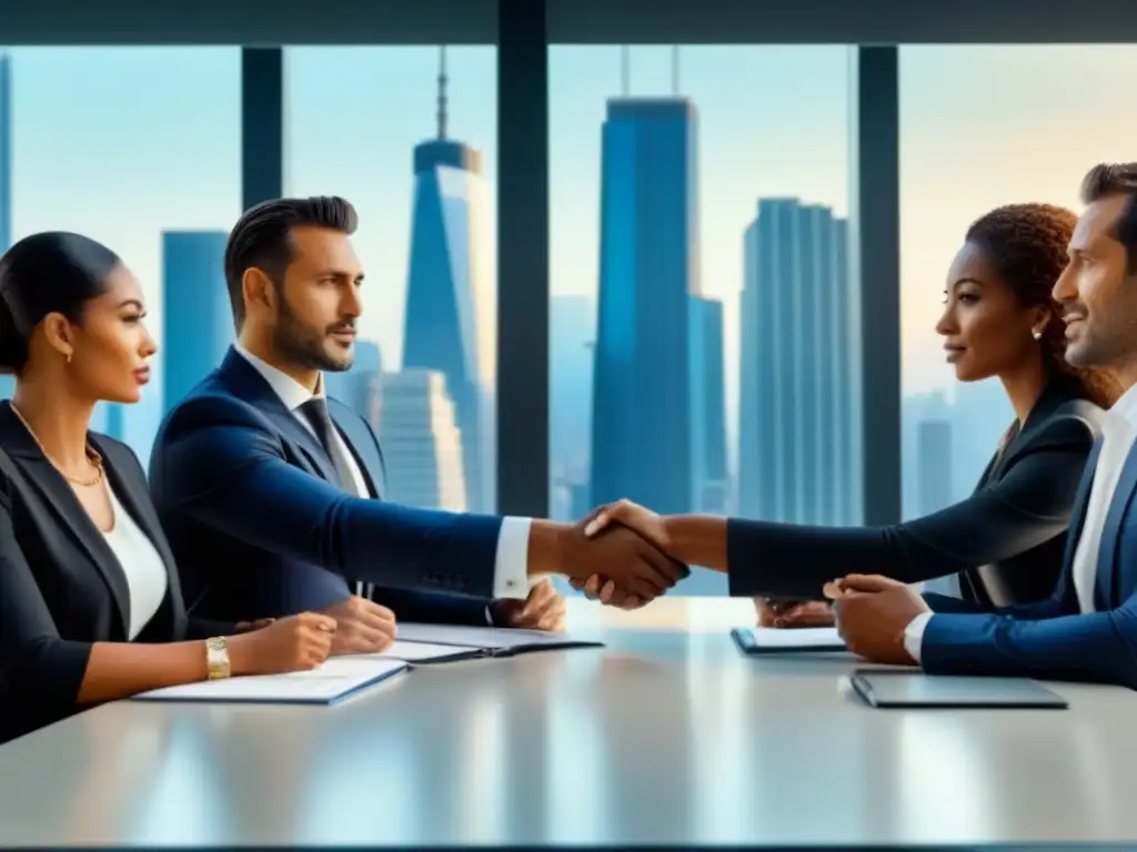 Profesionales en reunión financiera en oficina moderna Profesionales discutiendo documentos financieros en moderna oficina con vista a la ciudad