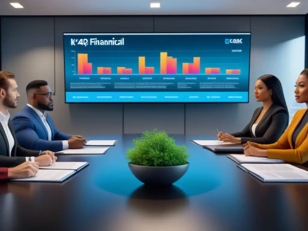 Profesionales colaborando en análisis financiero en oficina moderna Profesionales revisan documentos financieros en moderna oficina