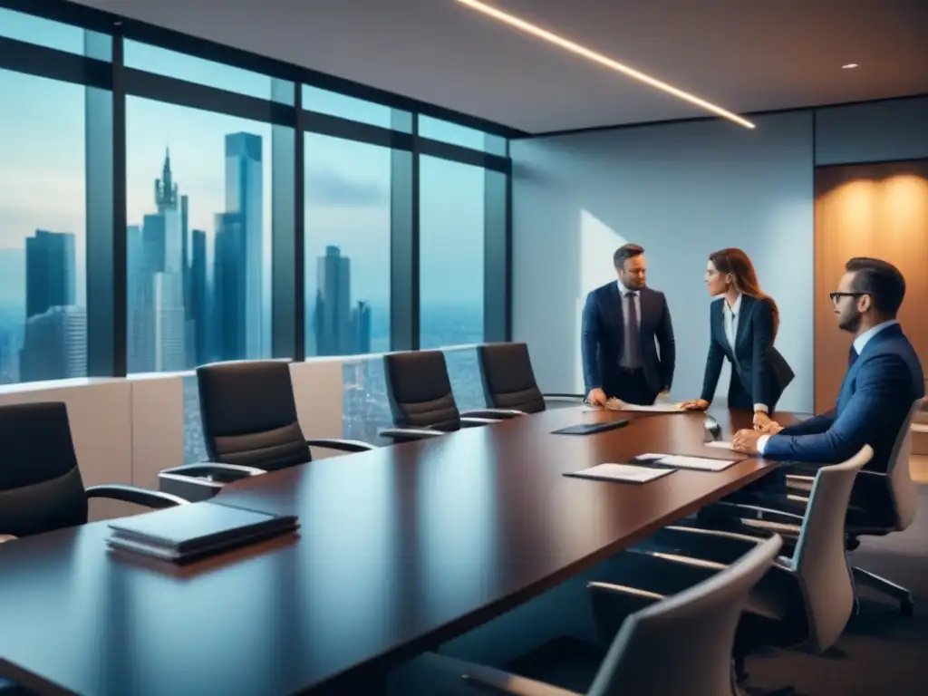 Reunión de profesionales financieros en oficina moderna y luminosa Profesionales discuten documentos financieros en una oficina moderna, mostrando expertise en préstamo, ajuste tasa mercado