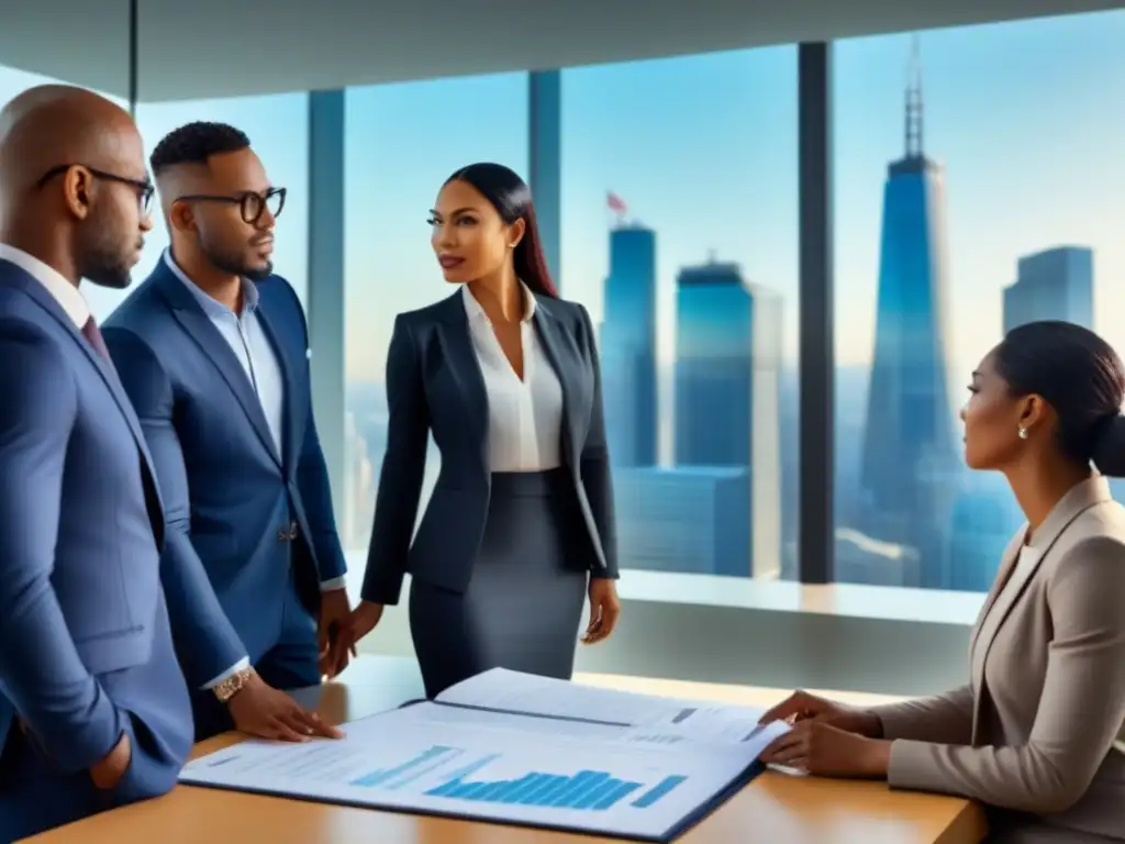 Profesionales diversos analizan datos financieros en oficina contemporánea Profesionales analizando documentos financieros en una oficina contemporánea y luminosa, mostrando diversidad y colaboración