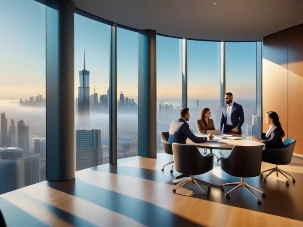 Profesionales analizan datos financieros en moderna oficina con vista a la ciudad Profesionales analizan documentos financieros en una oficina moderna con vista a la ciudad