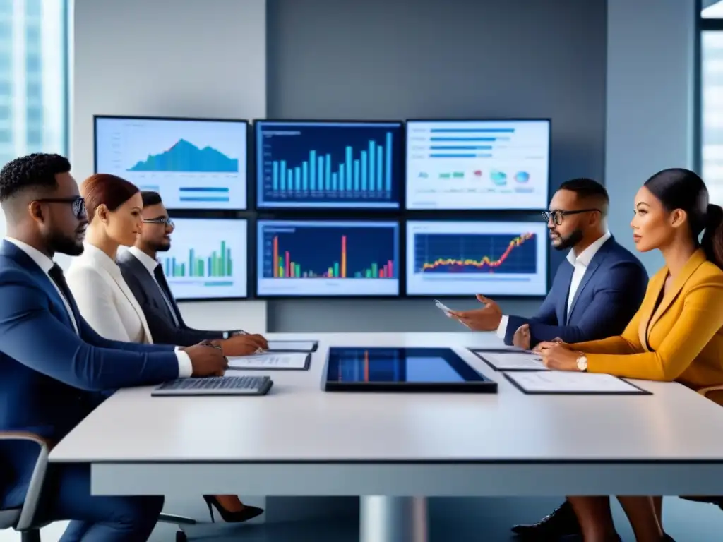 Profesionales diversos analizan datos financieros en oficina futurista Profesionales diversos discuten documentos financieros en oficina futurista