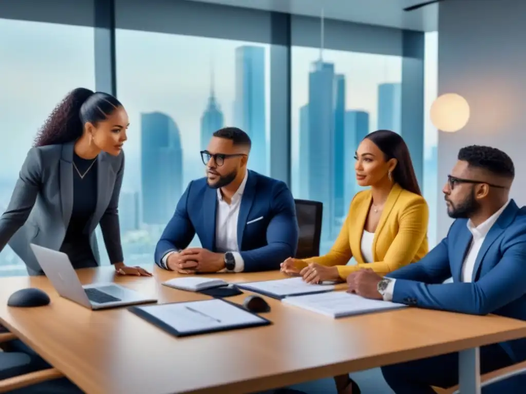Profesionales diversos analizan documentos financieros en oficina moderna Profesionales diversos discuten documentos financieros en oficina moderna