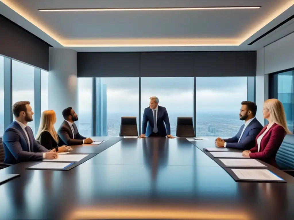 Reunión estratégica de profesionales analizando viabilidad financiera Profesionales analizan detalladamente documentos financieros y planos arquitectónicos en una moderna sala de juntas