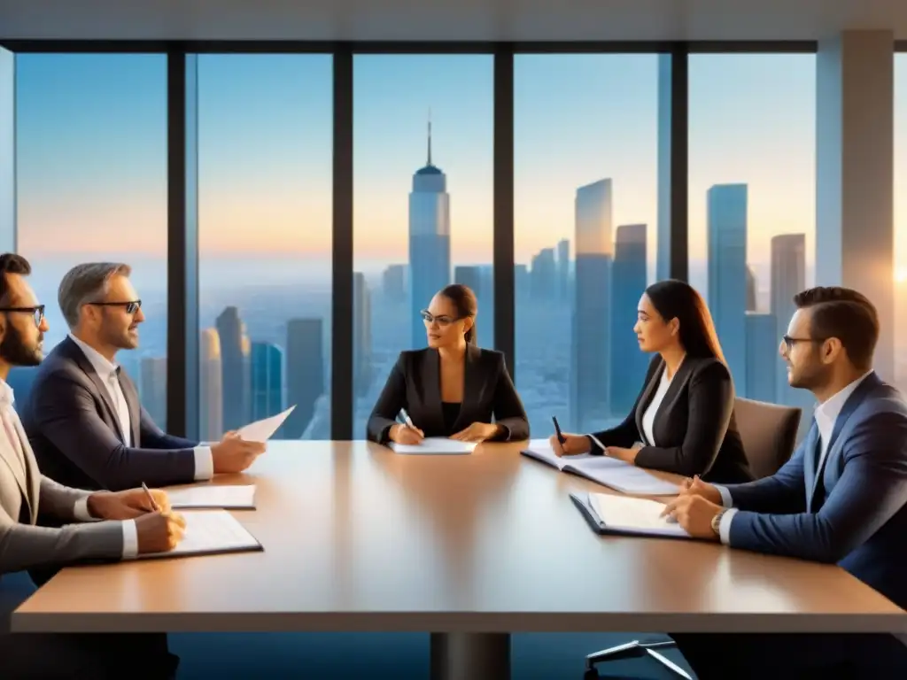 Profesionales expertos en planificación patrimonial analizan documentos con detalle en moderna sala de reuniones Profesionales discuten documentos de planificación fiscal y herencia en moderna oficina con vista a la ciudad