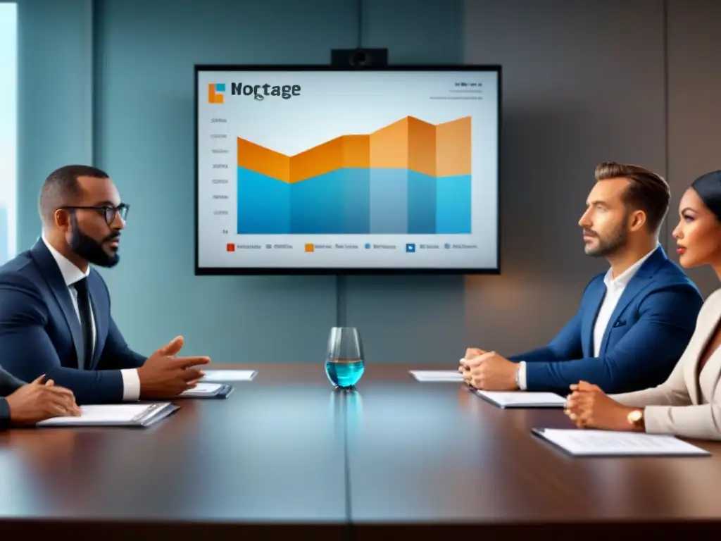 Profesionales discutiendo documentos hipotecarios en reunión moderna Profesionales diversos discuten documentos hipotecarios en una moderna sala de reuniones con gráficos en pantalla